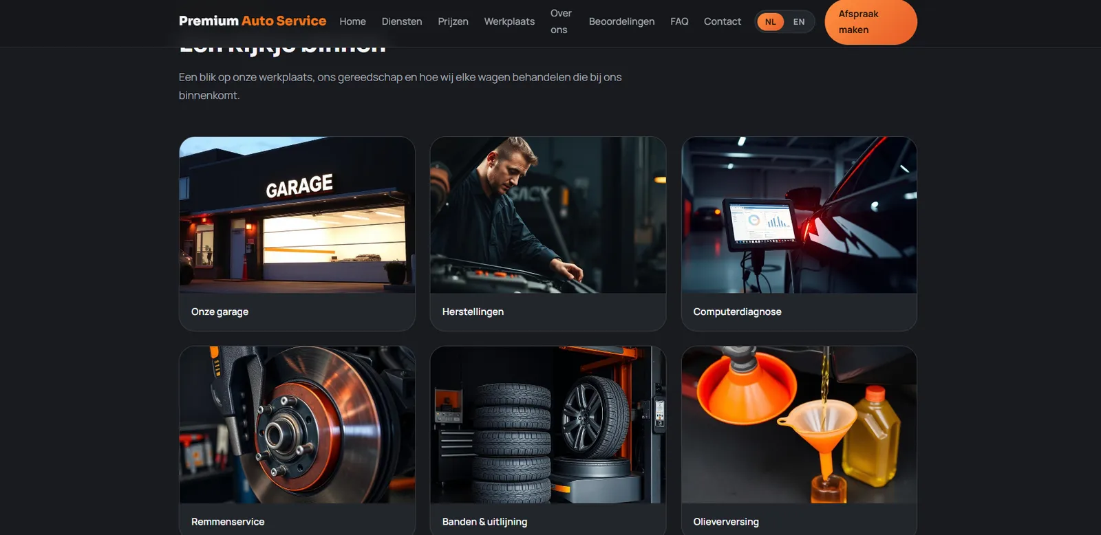Fotogalerij van de werkplaats met beelden van de garage, herstellingen, computerdiagnose, remmen, banden en olieverversing.