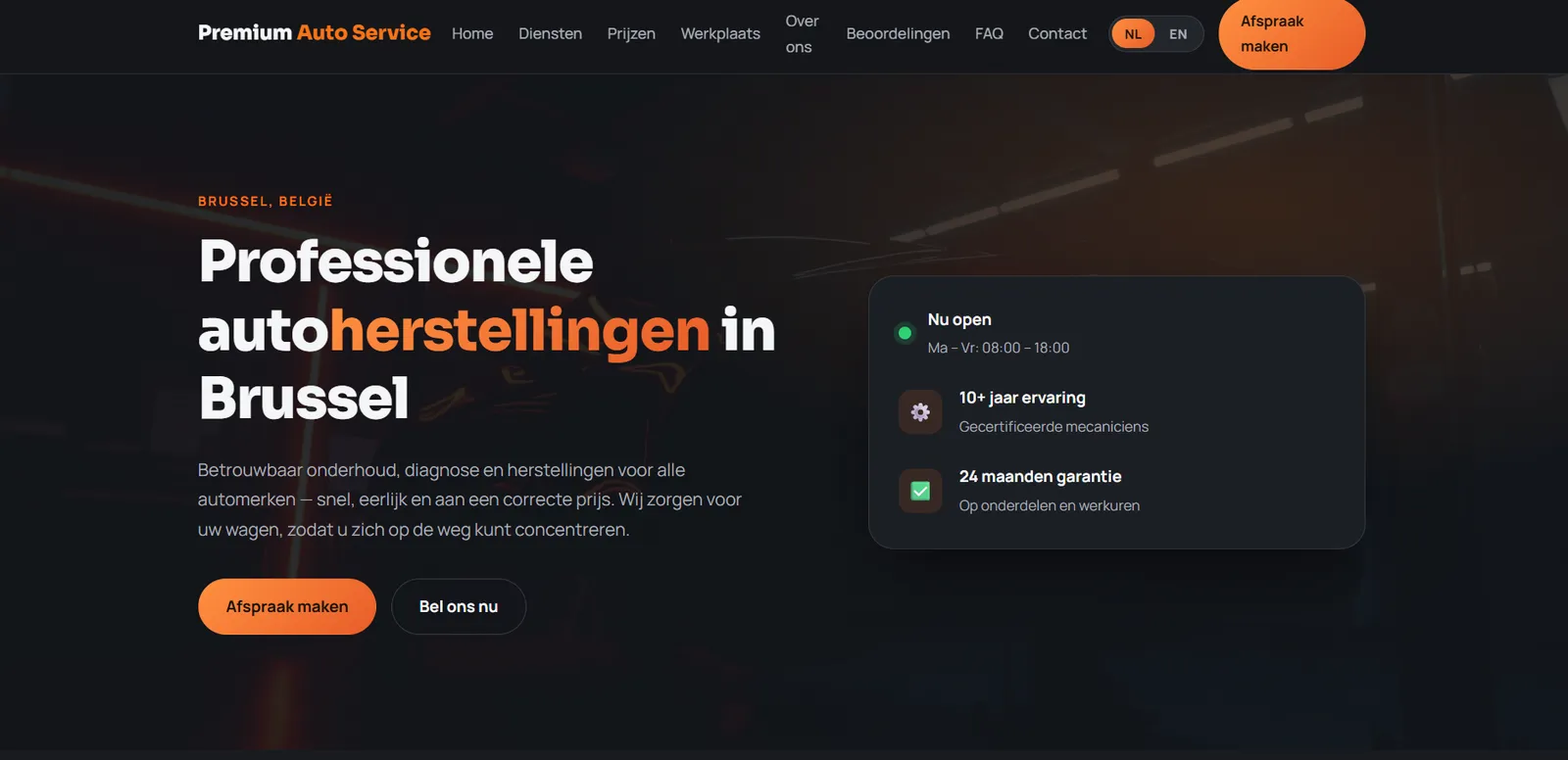 Homepage van de conceptwebsite, met de titel en een blok met openingsuren en garantie.