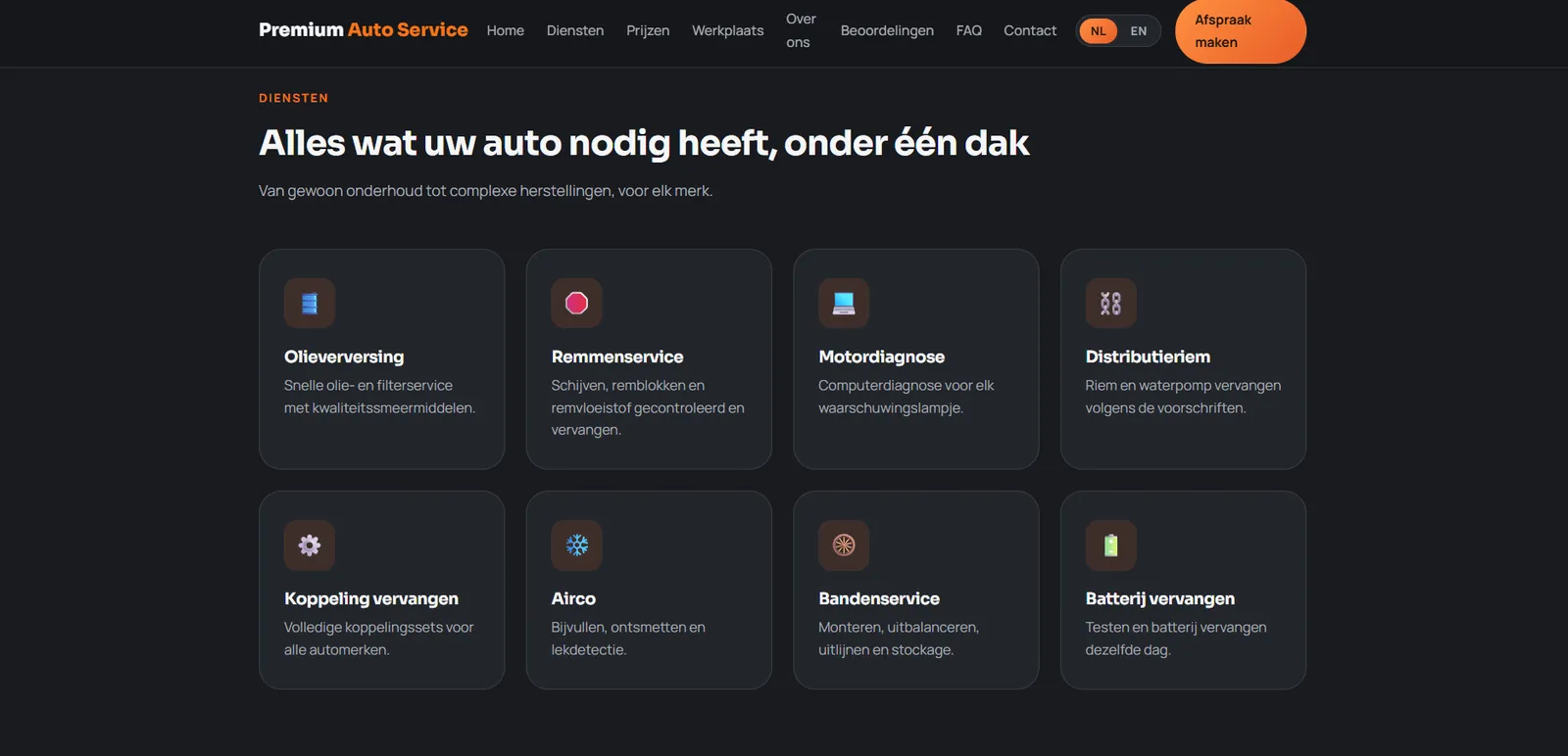 Overzicht van acht diensten in een raster, elk met een icoon, een titel en een korte omschrijving.